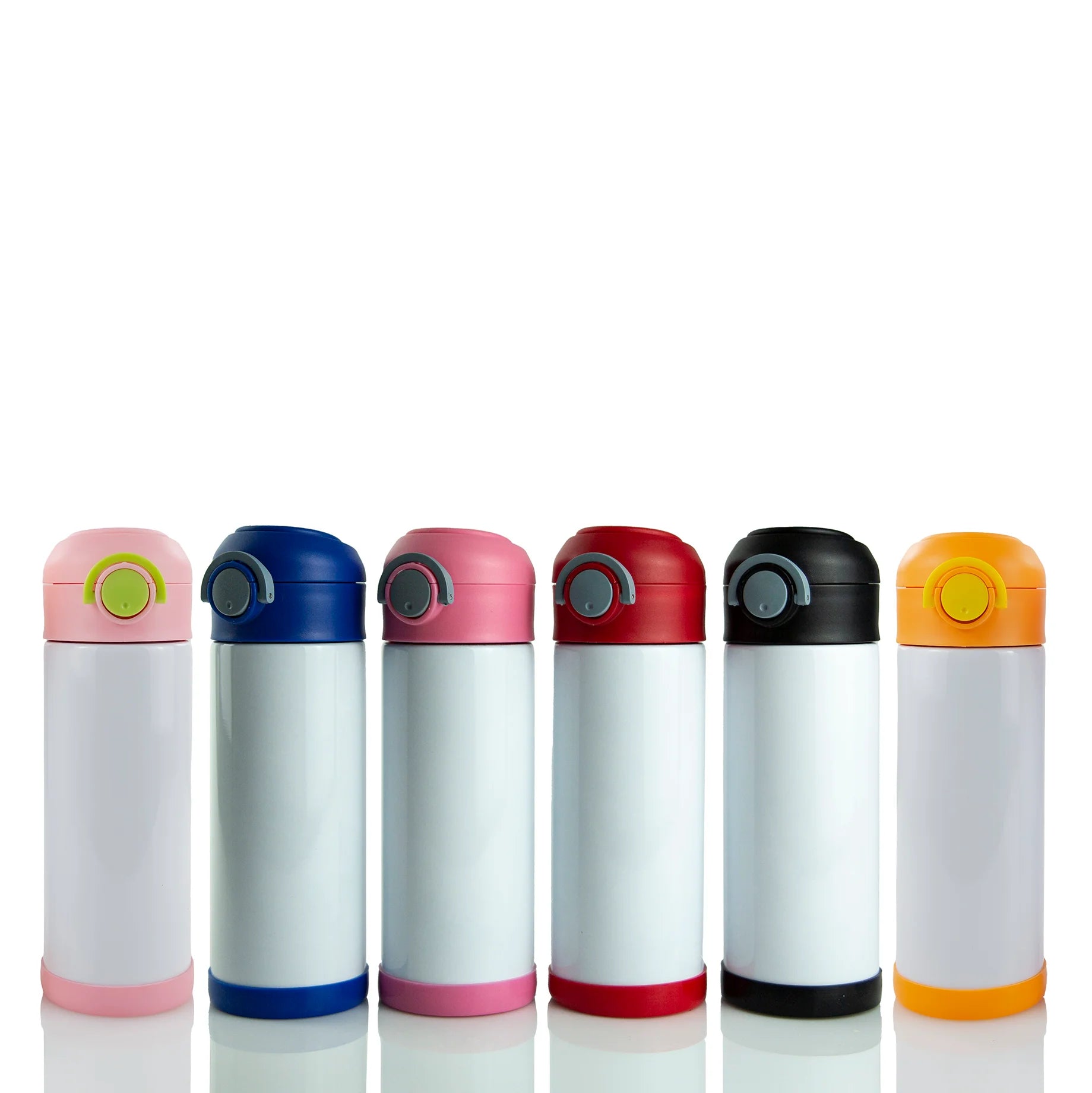 Set of six colorful thermos bottles with different colored lids on a white background